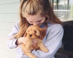 She has a cute pet dog.